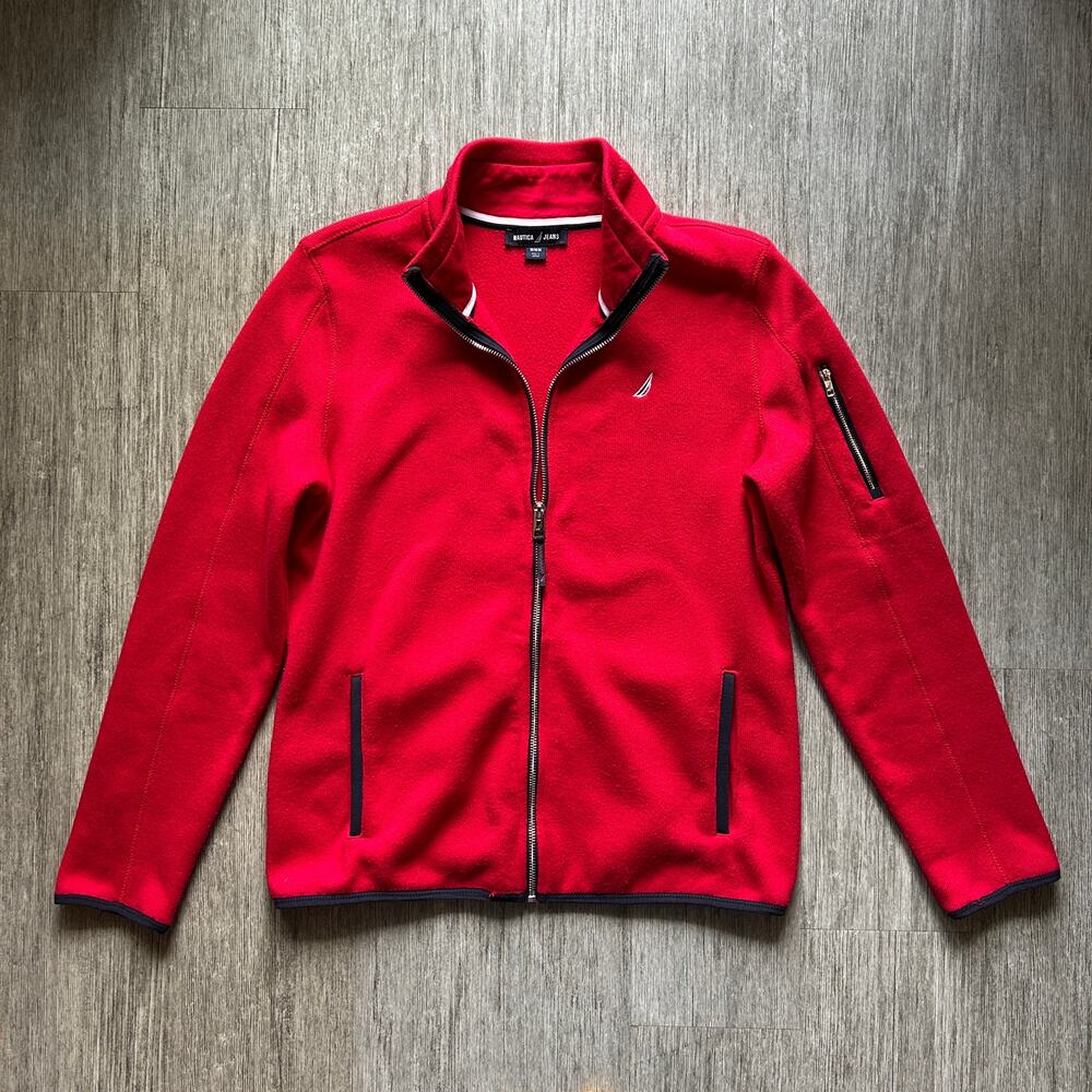 Nautica Red Fleece Lined Zip Up Hoodless Knit Sweater Jacket Coat Size Medium